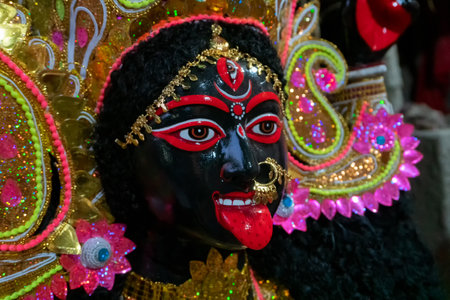 Kolkata, West Bengal, India - 7th October 2018: Painted idol of Goddess Kali with black face and red tongue. Goddess of Time, Creation, Destruction and Power. Beautifully decorated with shining crown.のeditorial素材