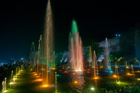 Mysore, Karnataka, India - November 25th 2018 : Beautiful light show for all visitors - inside Brindaban or Vrindaban Gardens. A garden adjoining the Krishnarajasagara Dam , across the river Kaveri. .のeditorial素材