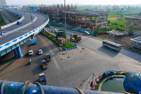 Kolkata, West Bengal,India- January 1st 2016 : View from Ma or Maa flyover down below to Parama Island. From Alipore to Eastern Metropolitan Bypass of Kolkata, a large traffic is carried daily.のeditorial素材