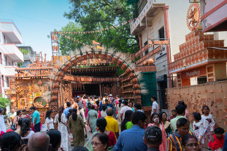 Kolkata, India - October 18, 2018 : Goddess Durga idol being worshipped inside decorated Durga Puja pandal, It is the biggest festival of Hinduism, celebrated worldwide.のeditorial素材