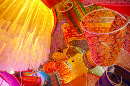 Kolkata, India - October 17, 2018 : Beautiful decorated Durga Puja pandal, shot at colored light. Durga Puja is biggest religious festival of Hinduism, celebrated all over the world.のeditorial素材