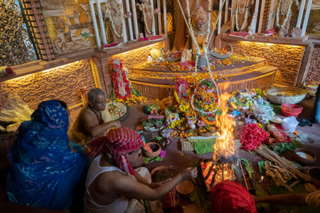 Kolkata, India - October 18, 2018 : Night image of decorated Durga Puja pandal, shot at colored light, at Kolkata, West Bengal, India. Durga Puja is biggest religious festival of Hinduism.のeditorial素材
