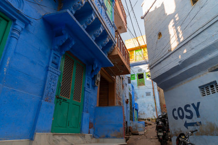 Jodhpur, Rajasthan, India - October 21st, 2019 : Traditional Blue coloured house. Historically, Hindu Brahmins used to paint their houses in blue for being upper caste, the tradition follows.のeditorial素材