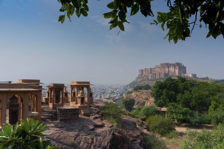 View of Mehrangarh fort from Jaswant Thada, a cenotaph, served as the cremation ground for the royal family of Marwar. Now preserved for tourists and it is now a favourite tourist attraction.の写真素材