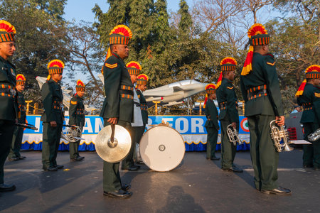 Kolkata, West Bengal, India - 23rd Januaray 2018 : Indian armed force Officers wearing colourful hats are marching past with musical instruments,preparing for show for India's republic day celebarion.のeditorial素材