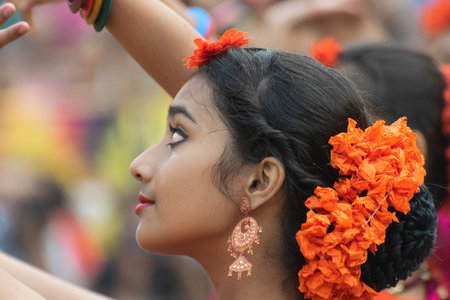 Kolkata, India - 1st March 2018 : Portrait of girl dancer, dressed in sari, traditional Indian...