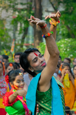 Kolkata, India - 21st March 2019 : Dancing pose and expression of bengali male dancer,dressed in...