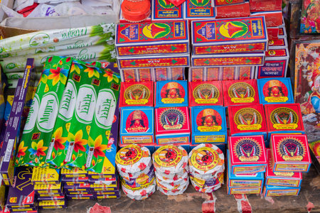Kolkata, West Bengal, India - 15th April 2019 : Red powder, called sindoor in Bengali, is a symbol of marriage for Hindu married women. Being sold in packed boxes at Kalighat market place.のeditorial素材