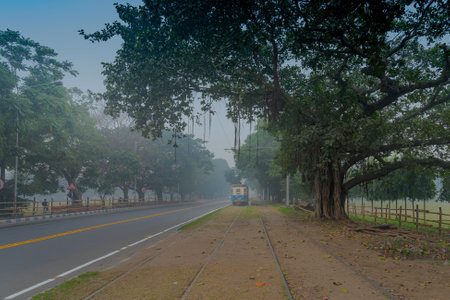 Kolkata, West Bengal, India - 23rd January 2020 : Electric Tram lines at Kolkata maidan area. It is the only tram system operating in India and oldest in Asia, 100 years old.のeditorial素材