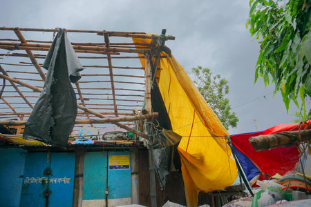 Howrah, West Bengal, India - 21st May 2020 : A devastated shop , destroyed by Super cyclone Amphan which damaged most of the constructions severely. Few structures have survived the storm.のeditorial素材