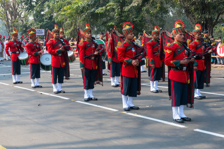 Kolkata, West Bengal, India - 26th January 2020 : Marh past of Indian army Officers dressed as musical band, carrying musical instruments, at parade on India's republic day celebration.のeditorial素材