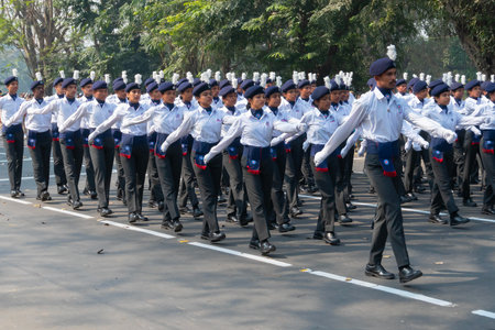Kolkata, West Bengal, India - 26th January 2020 : India's National Service Scheme (NSS) cadets are marching past, for Indian Republic day celebration at Red Road.のeditorial素材