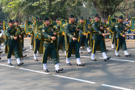Kolkata, West Bengal, India - 26th January 2020 : Indian army Officers dressed as musical band,...
