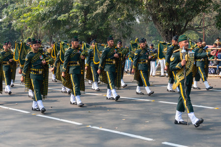 Kolkata, West Bengal, India - 26th January 2020 : Indian army Officers dressed as musical band,...