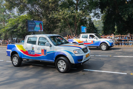 Kolkata, West Bengal, India - 26th January 2020 : West Bengal Police Officers are marching past on their cars, for Indian Republic day celebration.のeditorial素材