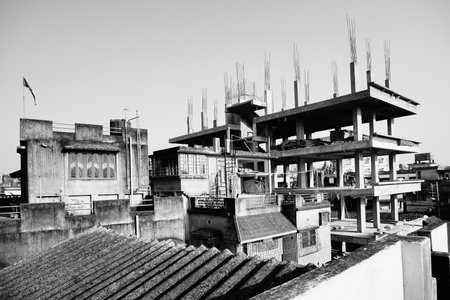 Howrah, West Bengal, India - 7th June 2020 : New construction of a residential buliding in black and white, shot in the morning.のeditorial素材