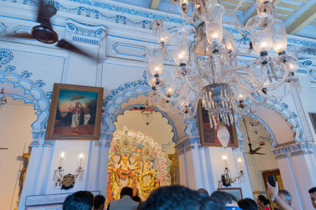 Kolkata, West Bengal, India - 6th October 2019 : Hindu devotees gathered for praying to Goddess Durga at Shobhabazar Rajbari , bonedi barhir pujo. Durga Puja fextival joy at mohashtami.のeditorial素材