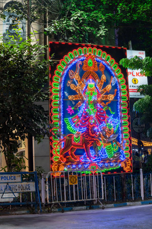 Park Street,Kolkata, India -12th November 2020 : Beautiful Goddess Durga, decoared with lights at...