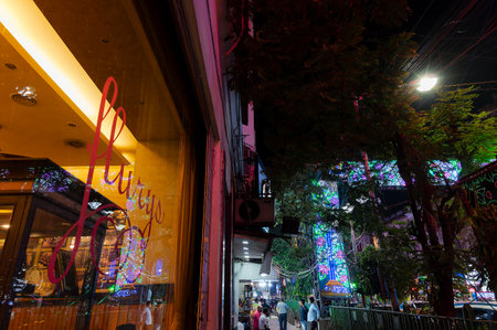 Park Street,Kolkata, India - 12th November 2020 : Flurys, famous restaurant at Park street is decorated with diwali lights for celebrating Diwali, deepabali or deepavali. It is the festival of light.のeditorial素材