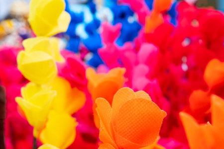 Colorful artificial flowers made out of colored sola, spongewood, handicrafts on display during the Handicraft Fair in Kolkata , West Bengal, India. It is the biggest handicrafts fair in Asia.の写真素材