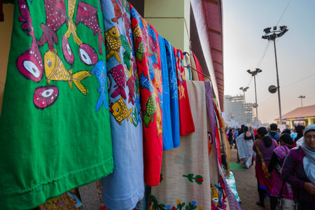 Kolkata, West Bengal, India - 31st December 2018 : Pattachitra or Patachitra clothes - traditional, cloth-based scroll painting. For sale at Handicrafts fair.のeditorial素材