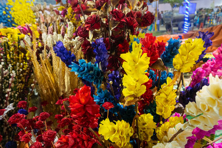 Thermocol made artificial colored flowers and plantsの写真素材