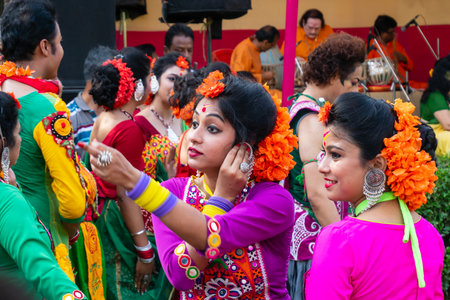 Kolkata, India - 21st March, 2019 : Young lady dancers dressed in sari, traditional Indian dress...