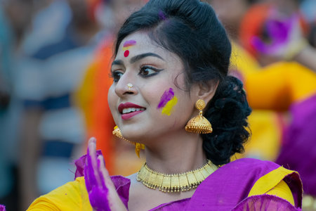 Kolkata, India - 21st March, 2019 : Portrait of girl dancer, dressed in sari (traditional Indian...