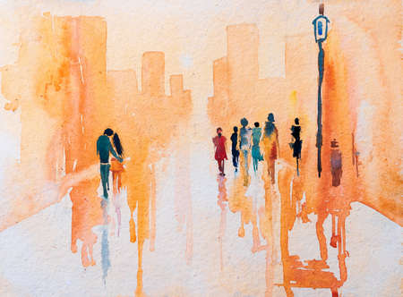 Abstract bright creative image of new hope amongst pandemic. People walking freely in the futuristic road with hand in hand as sun rises over city building at the horizon. Indian watercolor art.の写真素材