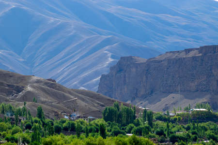 Layers of Himalayan mountains, view of Leh ladakh landscape, at Mulbekh, light and shadow, Jammu and Kashmir, Indiaの写真素材