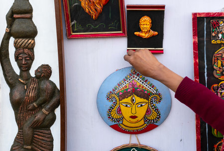 Kolkata, West Bengal, India - 31st December 2018 : Handicraft products being sold at hastashilpomela or handicrafts fair at Kolkata, West Bengal, Indiaのeditorial素材