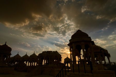 Silhouette of Bada Bagh or Barabagh, means Big Garden, is a garden complex in Jaisalmer, Rajasthan,...