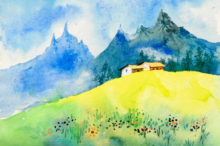 Nice watercolor painting of home on the top of a yellow field in the feet of blue mountains. Hand painted watercolor illustration.の写真素材