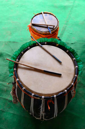 Dhaaks, a musical instrument, are played during durga puja festival, the biggest festival of Hinduism. Howrha, West Bengal, India.の写真素材