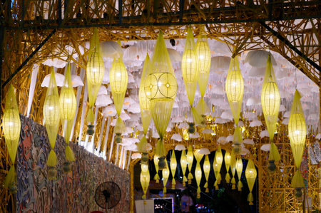 Kolkata, West Bengal, India - 23rd October, 2020 : Beautiful decorated lighting at Durga Puja pandal at night. Biggest festival of Hinduism celebrated all over the world.のeditorial素材
