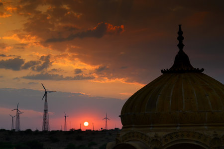 Silhouette of Bada Bagh or Barabagh, means Big Garden, is a garden complex in Jaisalmer, Rajasthan, India, for Royal cenotaphs of Maharajas means Kings of Jaisalmer state. Tourist attraction.の写真素材
