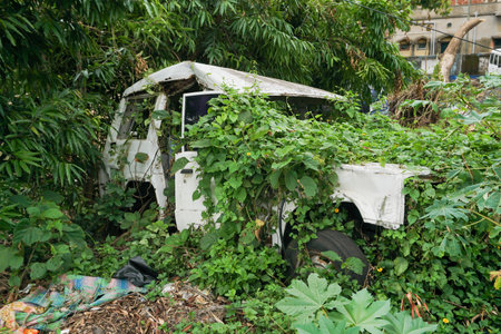 Old car abondoned in a jungle, Howrah, West Bengal, Indiaの写真素材