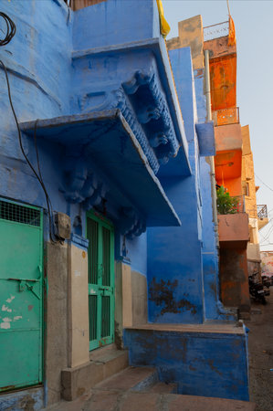 Jodhpur, Rajasthan, India - October 21st, 2019 : Traditional Blue coloured house. Historically, Hindu Brahmins used to paint their houses in blue for being upper caste, the tradition follows.のeditorial素材