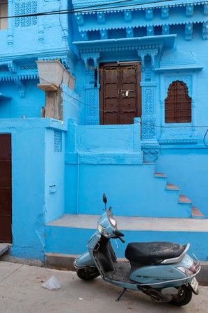 Jodhpur, Rajasthan, India - October 21st, 2019 : Traditional Blue coloured house. Historically, Hindu Brahmins used to paint their houses in blue for being upper caste, the tradition follows.のeditorial素材