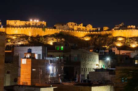 Jaisalmer,Rajasthan,India - October 14, 2019 : Night image of famous Jaisalmer Fort or Sonar Quila or Golden Fort. A "living fort"-made of yellow sandstone. UNESCO world heritage site, Thar desert.のeditorial素材
