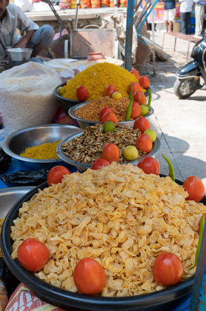 Delicious fastfood snacks on the street of Jaisalmer, Rajasthan, India.