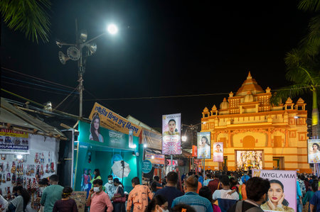 Kolkata, West Bengal, India - 12th October 2021 : Bagbazar Durga Puja, UNESCO Intangible cultural heritage of humanity. Devotees visiting Durga Puja pandal at night.のeditorial素材