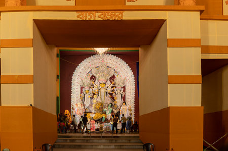Kolkata, West Bengal, India - 12th October 2021 : Bagbazar Durga Puja, UNESCO Intangible cultural...