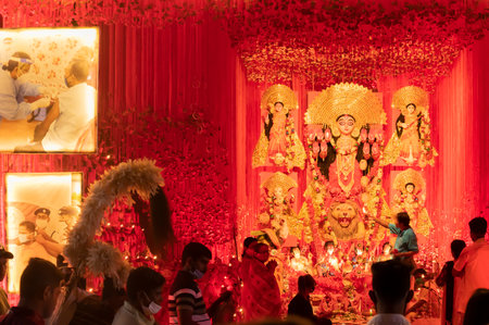 Kolkata, West Bengal, India - 12th October 2021 : Ahiritola Durga Puja, UNESCO Intangible cultural...