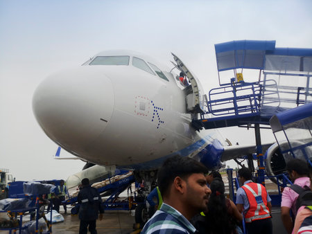 Kolkata, West Bengal, India - 9th August 2019 : Indigo flight is ready for departure at Raipur air port. Flight runway of Swami Vivekananda International Airport.のeditorial素材