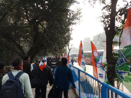 Kolkata, West Bengal, India - 19th January 2019 : Supporters of Trinamool Congress party walking in the political rally.のeditorial素材