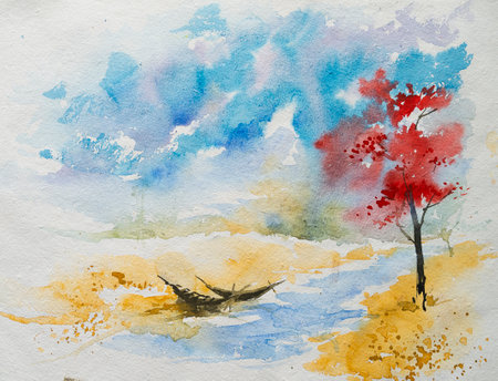 Tree with red flowers on the bank of a river, two boats on the river side. Watercolor landscape.の写真素材