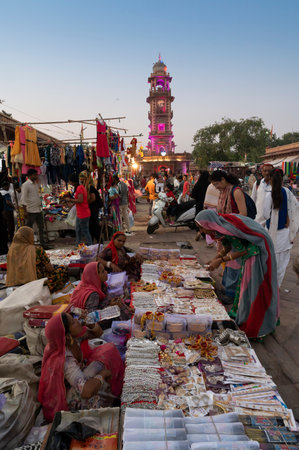 Jodhpur, Rajasthan, India - 19.10.2019 : Rajasthani women are buying bangles and jewelry at famous Sardar Market and Ghanta ghar Clock tower in Jodhpur, Rajasthan, India.のeditorial素材