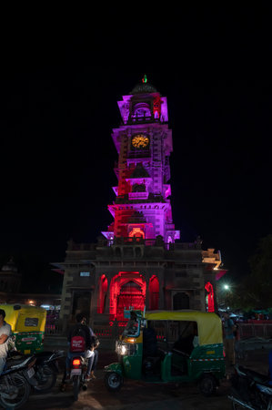 Jodhpur, Rajasthan, India - 18.10.2019 : Famous Sardar Market and Ghanta ghar Clock tower in Jodhpur, Rajasthan, India.のeditorial素材