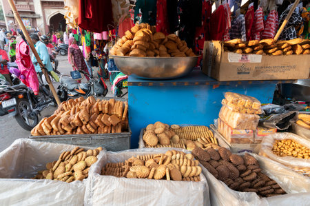 Jodhpur, Rajasthan, India - 20.10.2019 : Various types of bicuits are being sold at famous Sardar Market and Ghanta ghar Clock tower in Jodhpur, Rajasthan, India.のeditorial素材